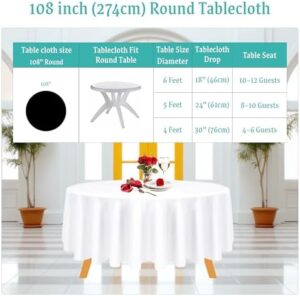 Elevate your special occasions with this 10-piece set of premium white tablecloths, made from polyester fabric and measuring 108 inches in diameter. Perfect for weddings, birthdays, and dinner parties.