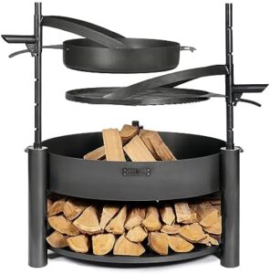 Elevate your backyard gatherings with the Grand Hearth 32" Cooking Fire Pit, featuring a 2-in-1 grill plate and frying pan set, perfect for wood burning grilling, camping, or casual outdoor dining.