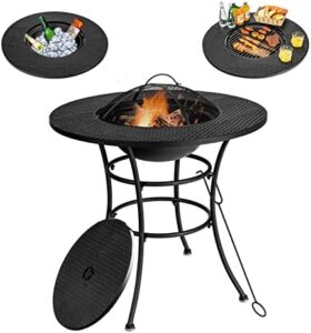 Gather warmth and friends around the Tangkula 32 Inch Outdoor Fire Pit Dining Table, featuring a 4-in-1 round wood burning fire pit bowl with poker, cover, grill, log grate, and spark screen. Perfect for BBQs and camping!