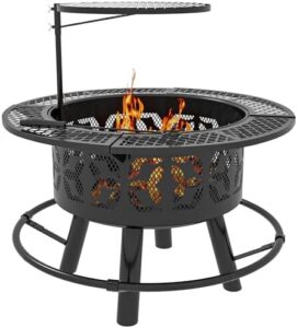 Enflame your outdoor gatherings with the Outsunny 2-in-1 Fire Pit and BBQ Grill, featuring adjustable cooking grate, pan, and poker for a portable and versatile camping bonfire stove perfect for backyard, patio, or picnic use.