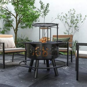 Enflame your outdoor gatherings with the Outsunny 2-in-1 Fire Pit and BBQ Grill, featuring adjustable cooking grate, pan, and poker for a portable and versatile camping bonfire stove perfect for backyard, patio, or picnic use.