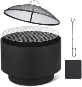 Enhance your backyard gatherings with this 26 Inch Outdoor Fire Pit featuring a grill and fire cover. Perfect for camping, BBQs, or cozying up by the flames, with a carrying bag and fire poker included.