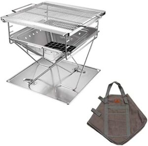 Experience outdoor gatherings with CAMPINGMOON's portable stainless steel wood burning grill and fire pit, perfect for camping trips or backyard BBQs. Includes carrying bag and 20-inch cooking surface.