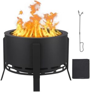 Here is the optimized SEO meta description:

"Enjoy backyard gatherings with this 26" smokeless fire pit featuring an ash tray base, adjustable foot and fire poker. Perfect for BBQs, bonfires, camping, or cozy nights out."