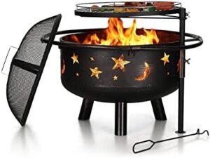 Here is the optimized SEO meta description:

"Gather around the PHI VILLA 30" Outdoor Wood Burning Firepit with Cooking Grate for a cozy outdoor experience. Adjustable swivel grill pan, poker & spark screen included. Perfect for patio gatherings."
