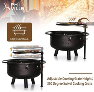 Here is the optimized SEO meta description:

"Gather around the PHI VILLA 30" Outdoor Wood Burning Firepit with Cooking Grate for a cozy outdoor experience. Adjustable swivel grill pan, poker & spark screen included. Perfect for patio gatherings."