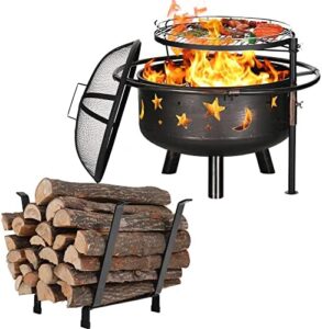 Enchant your outdoor gatherings with the Sophia & William 30" Wood Burning Fire Pit, featuring a mesh spark lid, poker, and metal firewood rack. Perfect for patio BBQs, this heavy-duty steel pit offers adjustable grill and log holder capabilities.