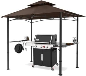 Enhance your outdoor gatherings with the Mastercanopy 8x5 Grill Gazebo, featuring 2 LED lights and a sturdy brown canopy, perfect for BBQs and picnics.
