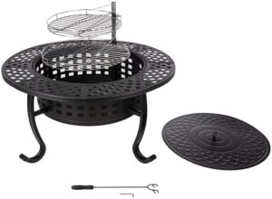 Here is the generated SEO meta description:

"Experience outdoor gatherings with this 37” round fire table featuring two grills, lid, poker, and cover. Perfect for wood burning BBQs and cozy nights out."