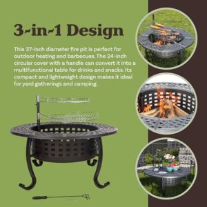 Here is the generated SEO meta description:

"Experience outdoor gatherings with this 37” round fire table featuring two grills, lid, poker, and cover. Perfect for wood burning BBQs and cozy nights out."