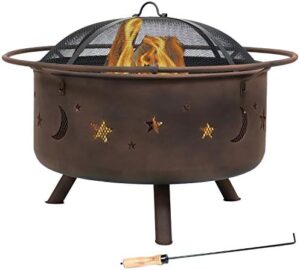 Get cozy gatherings with the Sunnydaze Cosmic 30-Inch Outdoor Fire Pit, featuring a wood burning design with cooking grate, spark screen, and fireplace poker. Perfect for backyard celebrations!