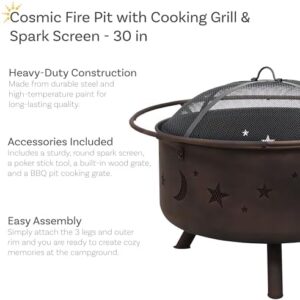 Get cozy gatherings with the Sunnydaze Cosmic 30-Inch Outdoor Fire Pit, featuring a wood burning design with cooking grate, spark screen, and fireplace poker. Perfect for backyard celebrations!