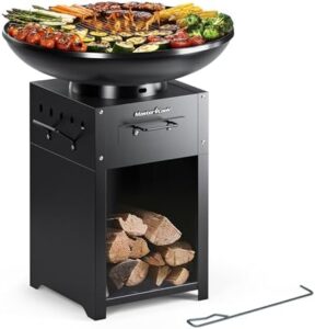 Elevate your outdoor cooking experience with the MASTER COOK Plancha Grill, featuring a large cooking area, charcoal grill and fire pit in one, durable and portable design for backyard BBQs, camping trips, or parties.