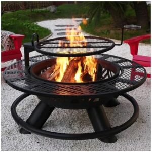 Enchant your outdoor gatherings with the Red Mountain Valley 47" Outdoor Fire Pit featuring a 2-in-1 design and adjustable grill. Perfect for patio or backyard use, its metal construction withstands weather conditions.