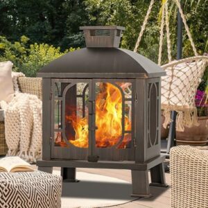 Discover the 45" Metal Chiminea Fire Pit with Grill, perfect for outdoor gatherings. Wood burning design, mesh screen door & fire poker included, ideal for garden, yard, BBQ and bonfire settings.