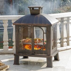 Discover the 45" Metal Chiminea Fire Pit with Grill, perfect for outdoor gatherings. Wood burning design, mesh screen door & fire poker included, ideal for garden, yard, BBQ and bonfire settings.