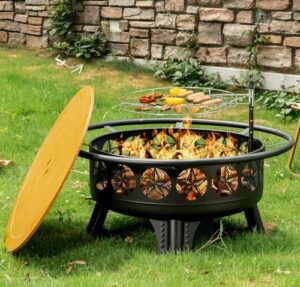 Cozy up your outdoor space with this 3-in-1 fire pit featuring a grill, spark screen & fire poker. Perfect for yard BBQs, bonfires or camping trips!