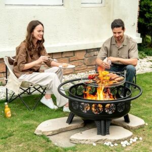 Cozy up your outdoor space with this 3-in-1 fire pit featuring a grill, spark screen & fire poker. Perfect for yard BBQs, bonfires or camping trips!