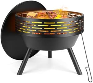 Here is the output meta description:

"Upgrade outdoor gatherings with this 23 Inch Cast Iron Round Fire Pit featuring grill, fire bowl, and metal lid. Perfect for BBQs, bonfires, or picnics!"