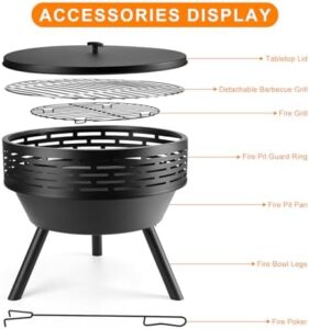 Here is the output meta description:

"Upgrade outdoor gatherings with this 23 Inch Cast Iron Round Fire Pit featuring grill, fire bowl, and metal lid. Perfect for BBQs, bonfires, or picnics!"