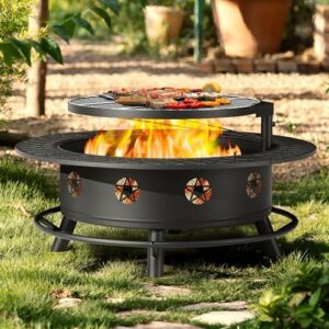 Explore the ultimate outdoor experience with our 43-inch fire pit featuring a BBQ grill and wood burning capabilities. Perfect for patio gatherings, this heavy-duty firepit includes a lid, poker, and round metal table for a 3-in-1 solution.