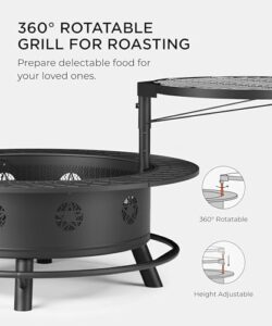 Explore the ultimate outdoor experience with our 43-inch fire pit featuring a BBQ grill and wood burning capabilities. Perfect for patio gatherings, this heavy-duty firepit includes a lid, poker, and round metal table for a 3-in-1 solution.