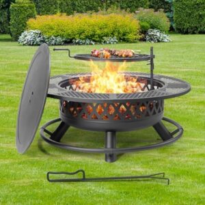 Enjoy warm gatherings around the Gecheer fire pit table, perfect for outdoor events and backyard activities. This 42-inch metal round firepit features a lid and poker, suitable for wood burning and grill functions.