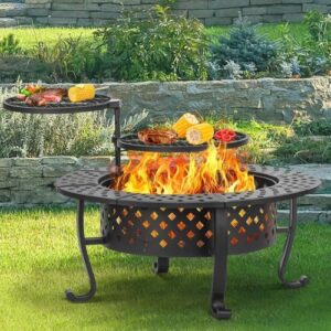 "Enhance your outdoor gatherings with this versatile fire pit featuring two BBQ grills and a wood burning design. Perfect for patios, picnics, or parties."