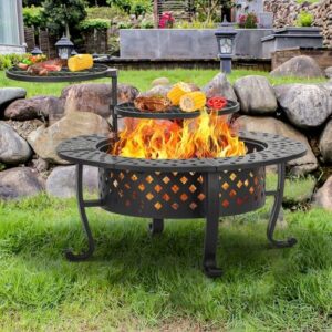 "Enhance your outdoor gatherings with this versatile fire pit featuring two BBQ grills and a wood burning design. Perfect for patios, picnics, or parties."