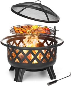 Enrich your backyard gatherings with the 2 in 1 Fire Pit featuring a cooking grate and swivel BBQ grill. Enjoy wood-burning warmth and outdoor fun for up to 10 people, perfect for patio or garden use.