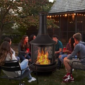 Here is the optimized SEO meta description:

"Cozy up outdoors with Giantex's 30 Inch Metal Fireplace Chiminea, complete with grill, cover, spark screen door and fire poker. Perfect for patio, garden or backyard gatherings."