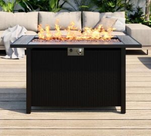 Enrich your outdoor gatherings with the SUNLEI Propane Fire Pit Table, featuring 50,000 BTUs and a removable lid. Perfect for patio use, complete with waterproof cover, lava rock, and aluminum frame table in grey.