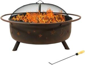 Add warmth to your outdoor gatherings with the Sunnydaze Cosmic 42-Inch Large Outdoor Fire Pit featuring a round spark screen, poker, and built-in grate for safe and cozy fire nights.