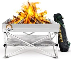 Discover the Fireside Outdoor Portable Fire Pit for camping and backyard use. Features 8 lb weights and heat protect technology. Perfect for outdoor gatherings, campfires, and warm nights in!