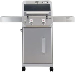 "Upgrade your outdoor cooking experience with Monument Grills' 2-Burner Stainless Steel Liquid Propane Gas Patio Grill, featuring Clearview Lid and adjustable Knob Control. Includes two foldable shelves for expanded prep space."