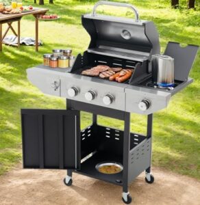 Discover the ultimate patio grill experience with this 3-burner propane gas grill featuring a side burner and thermometer. Perfect for camping or backyard BBQs, it's equipped with wheels for easy transport.