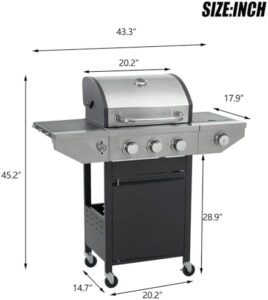 Discover the ultimate patio grill experience with this 3-burner propane gas grill featuring a side burner and thermometer. Perfect for camping or backyard BBQs, it's equipped with wheels for easy transport.