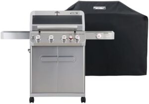 Here is the output:

"Elevate your outdoor cooking experience with Monument Grills' 4-burner propane gas grill, featuring infrared technology and knob controls. Perfect for patio gatherings, this stainless steel grill also includes a side burner and comes with a BBQ cover."