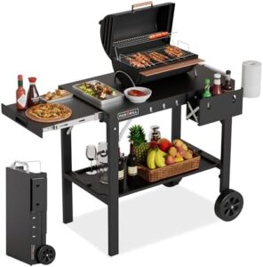 Here is the output:

"Transform your outdoor cooking with this versatile folding grill cart featuring a pull-out side table and 17/22 inch griddle stand, perfect for pizzas and BBQ prep"