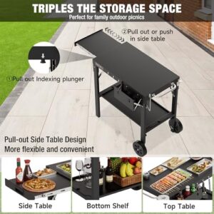 Here is the output:

"Transform your outdoor cooking with this versatile folding grill cart featuring a pull-out side table and 17/22 inch griddle stand, perfect for pizzas and BBQ prep"