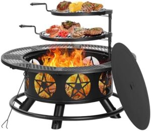 "Experience outdoor gatherings with the 42 Inch Fire Pit, featuring 2 grills, a lid, and poker. Perfect for patio parties, this heavy-duty fire pit also includes a round metal table for added functionality."