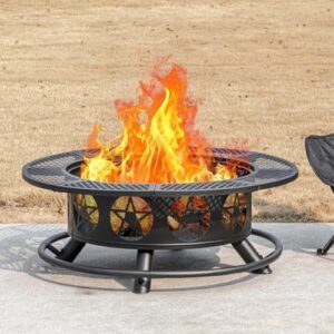 "Experience outdoor gatherings with the 42 Inch Fire Pit, featuring 2 grills, a lid, and poker. Perfect for patio parties, this heavy-duty fire pit also includes a round metal table for added functionality."