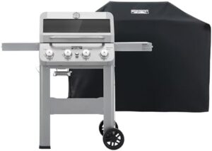 Experience outdoor cooking with Monument Grills 4-Burner Liquid Propane Gas Grill, featuring Clearview Lid, one foldable shelf and stainless steel construction. Perfect for patio gatherings!