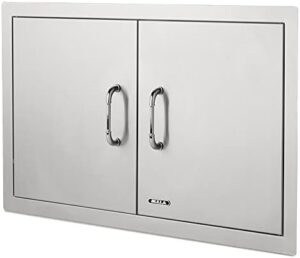"Upgrade your outdoor cooking with Bull's Stainless Steel Double Door storage box, featuring two doors and ample space for utensils and gear. Perfect for camping trips or backyard BBQs."