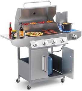 Here is the generated SEO meta description:

"Upgrade your outdoor cooking experience with SKOK's 4-Burner Propane Gas BBQ Grill featuring a side burner, porcelain-enamel cast iron grates and stainless steel construction. Perfect for large gatherings!"