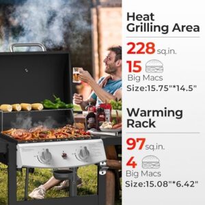 Upgrade your outdoor cooking experience with the Propane Gas Grill 21000 BTU, featuring 2-burners, 325 sq.in. grilling space, and convenient storage shelves for patio or camping use.