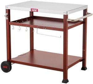 Discover the ultimate outdoor cooking experience with this 3-shelf grill table featuring a pizza oven, movable prep cart, and wheels for easy transport. Perfect for indoor or outdoor use with Ooni 14'' Blackstone griddles.