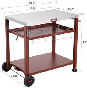 Discover the ultimate outdoor cooking experience with this 3-shelf grill table featuring a pizza oven, movable prep cart, and wheels for easy transport. Perfect for indoor or outdoor use with Ooni 14'' Blackstone griddles.