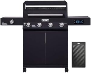 "Unleash your outdoor cooking potential with the Monument Grills 4-Burner Liquid Propane Gas Smart BBQ Grill Denali 425, featuring a cooking plate and two items for endless grilling possibilities."
