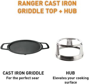 Cook up delicious meals with the Solo Stove Ranger Griddle + Hub, featuring a cast iron cooking surface and stainless steel hub for elevated cooking, perfect for outdoor enthusiasts.